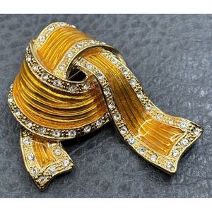 VTG JBK Jacqueline Kennedy Yellow Enamel Rhinestone Ribbon Bow Knot Brooch Pin